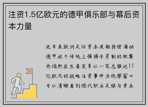注资1.5亿欧元的德甲俱乐部与幕后资本力量